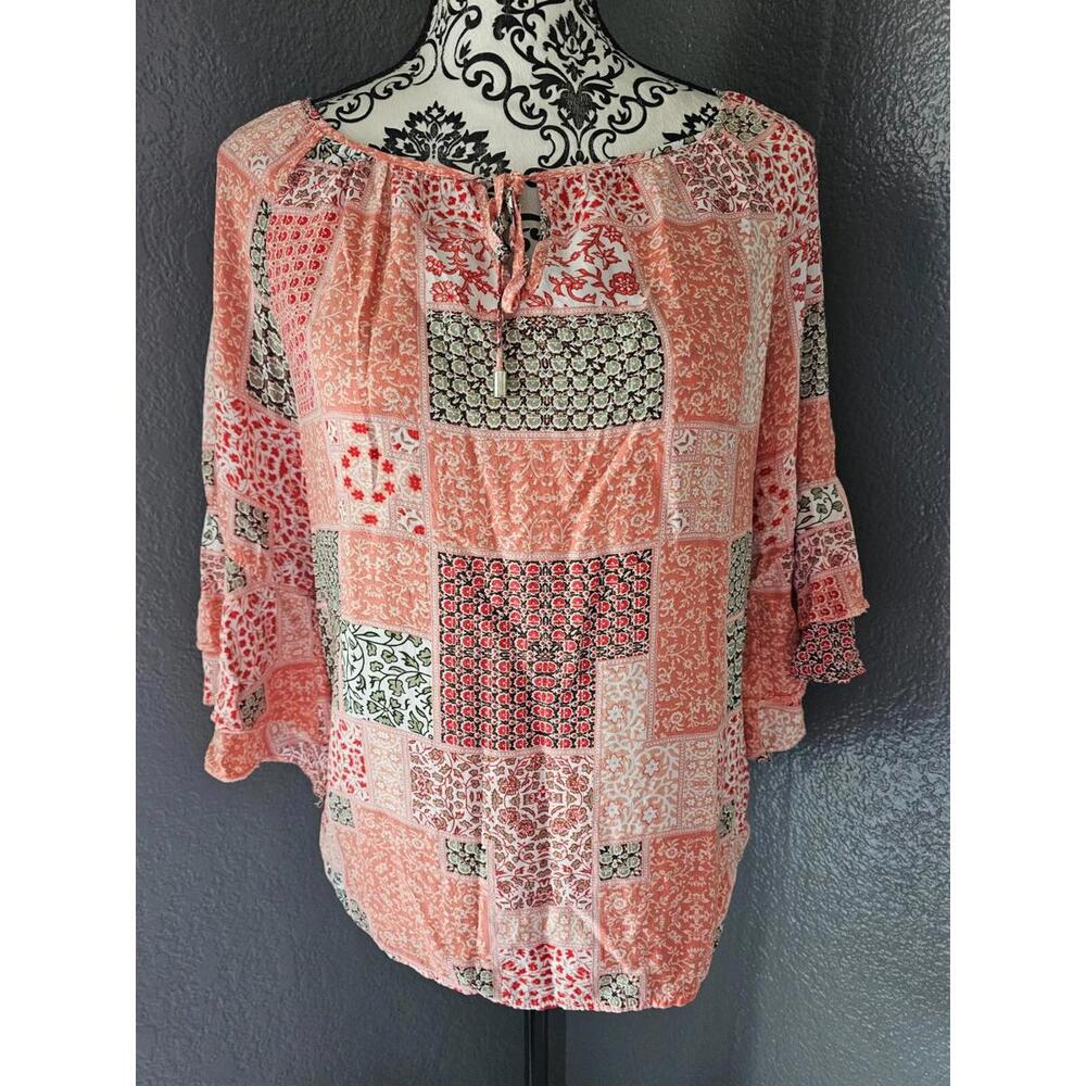 Women's Como Blu Pullover Blouse Floral Bell Size P/S Boho 3/4 Sleeve Small